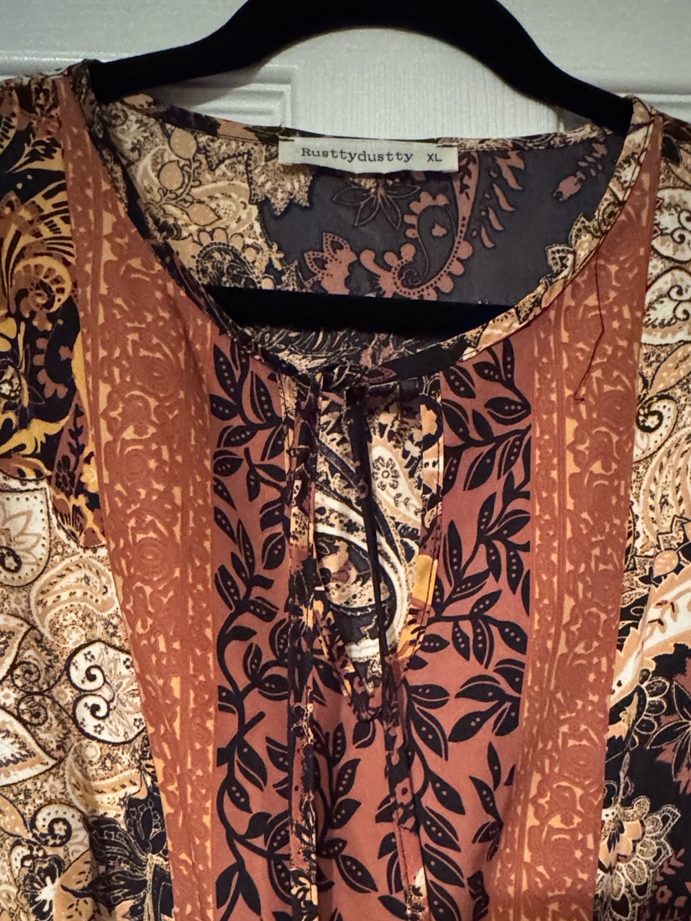 Rusty Dusty Sz XL Boho Paisley Patchwork Long Sleeve Maxi Dress in Rust & Black - Picture 3 of 9